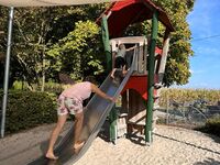 Foto: Vergnügte Stunden auf dem Spielplatz. Zwei Kinder klettern die Rutschrampe hoch. (Quelle: Nina Meyer).